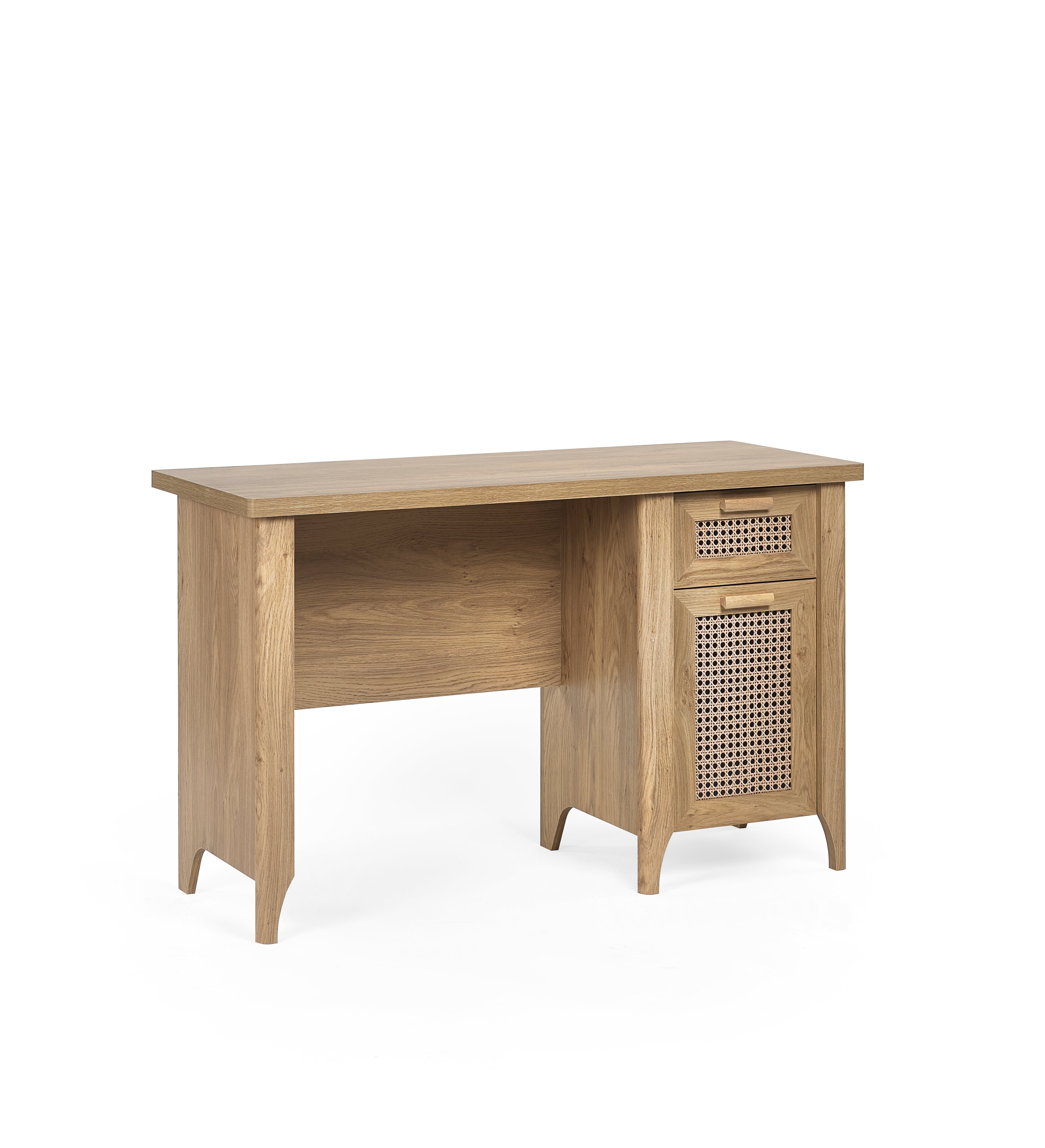 Wooden desk with a basket weave design on a white background