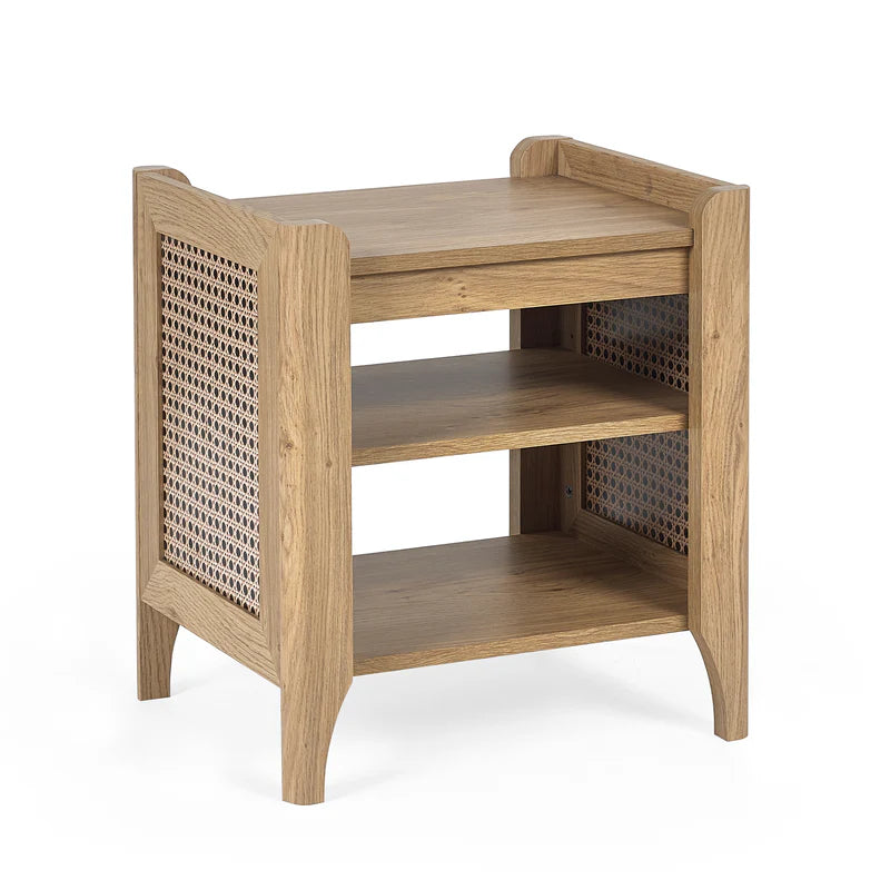 Wooden side table with woven patterns on a white background