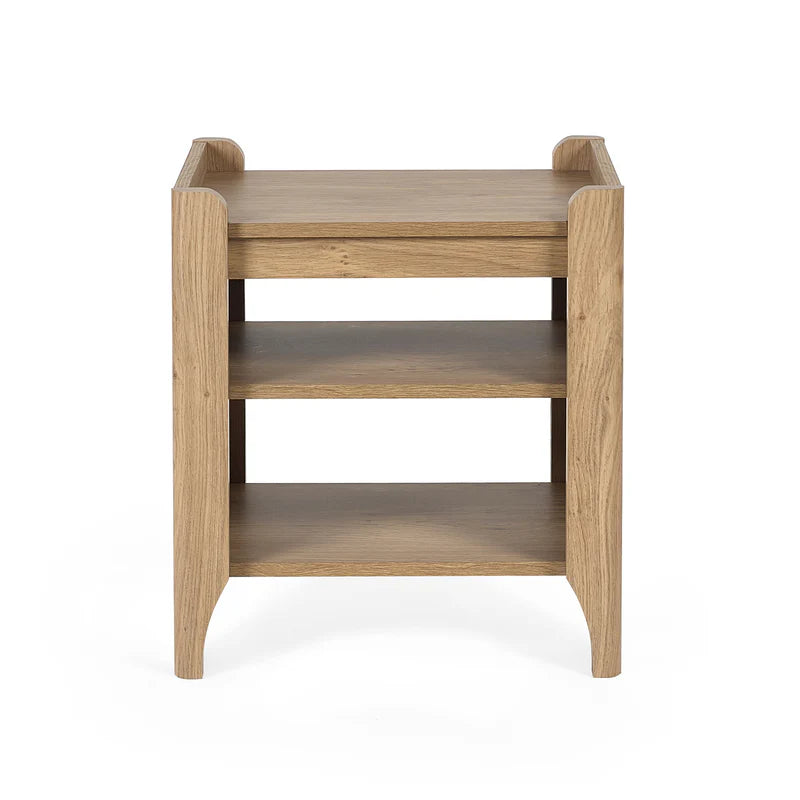 Wooden side table with two shelves on a white background