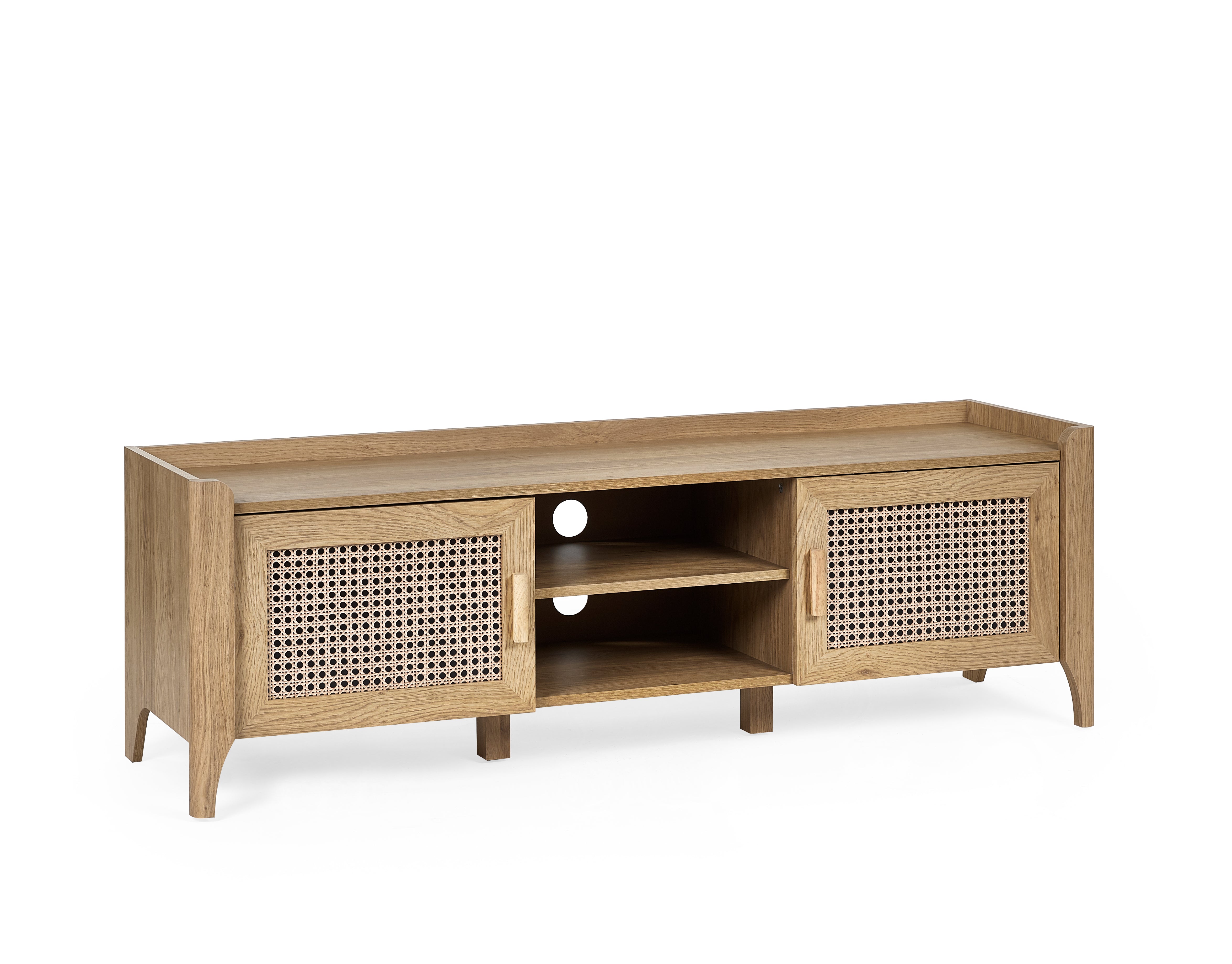 Wooden TV stand with rattan doors on a white background