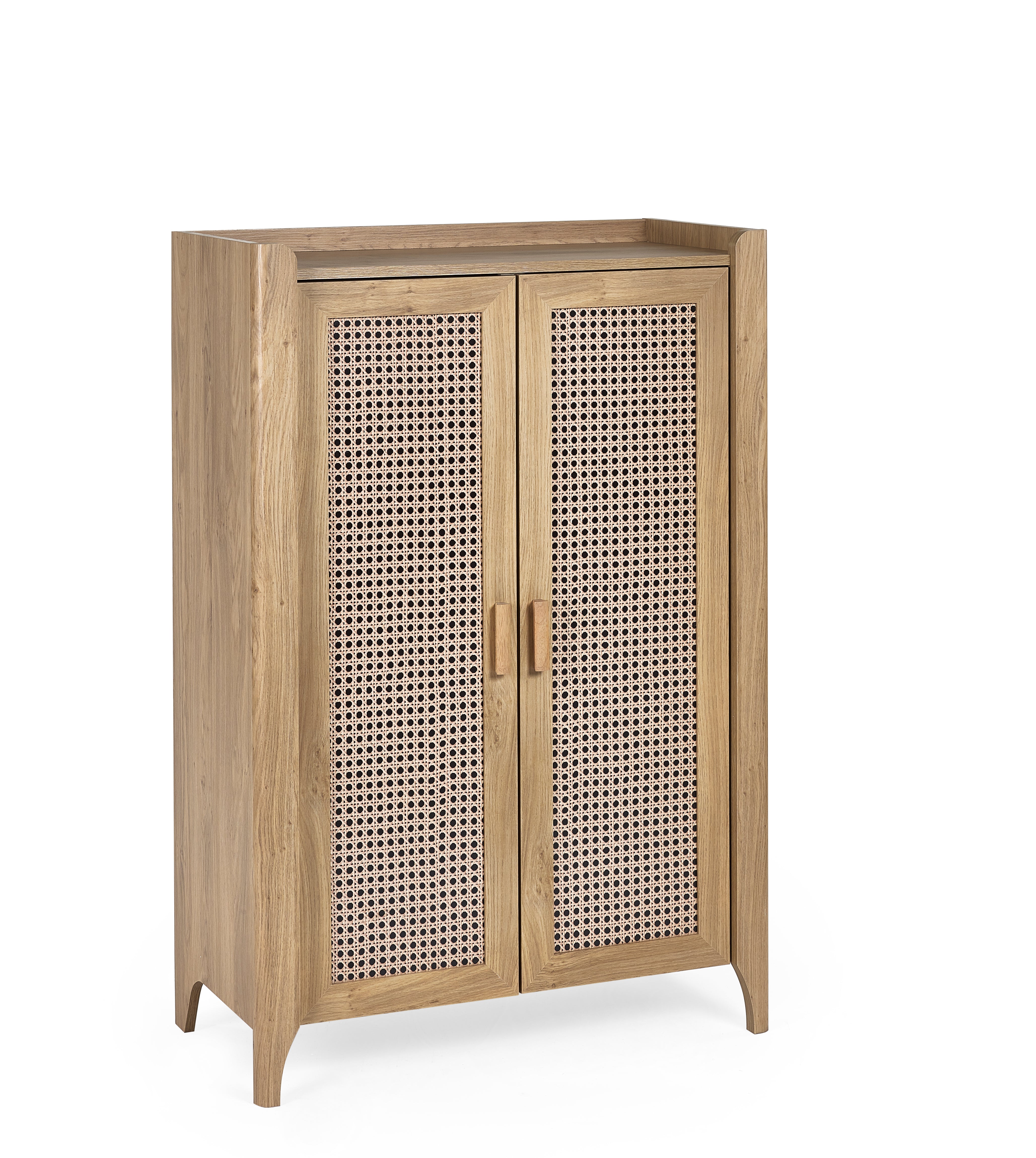 Wooden cabinet with wicker doors on a white background