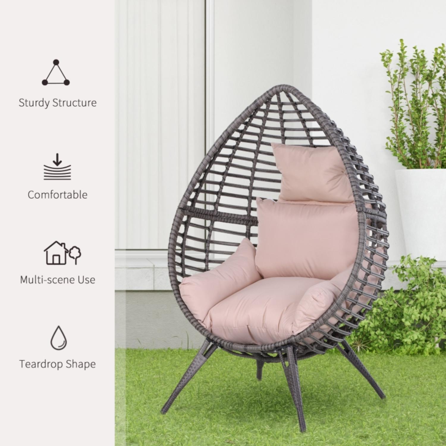Wicker egg-shaped chair with pink cushions on a grassy area, featuring icons and text about product features.