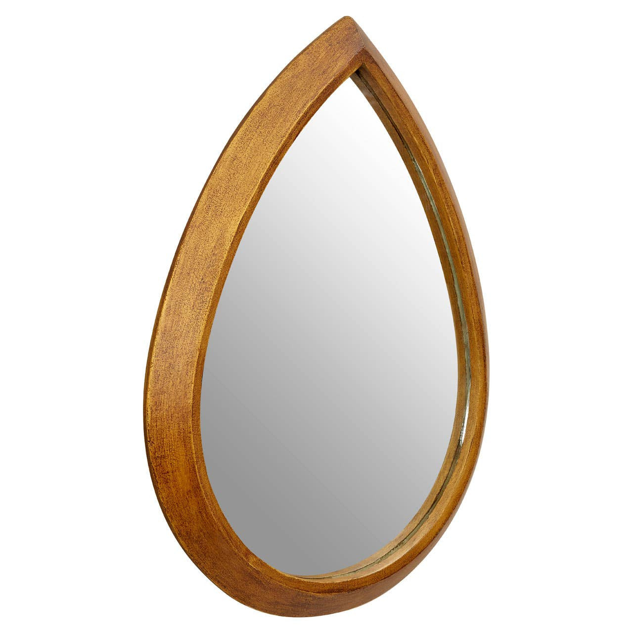 Wooden-framed oval mirror on a white background