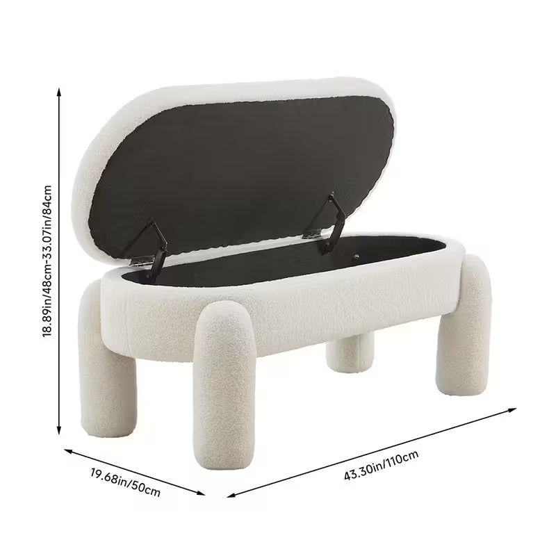 White cushioned storage bench with black interior, shown with dimensions on a white background.