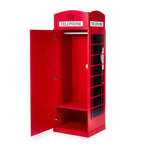 Red telephone booth cabinet with open door on a white background