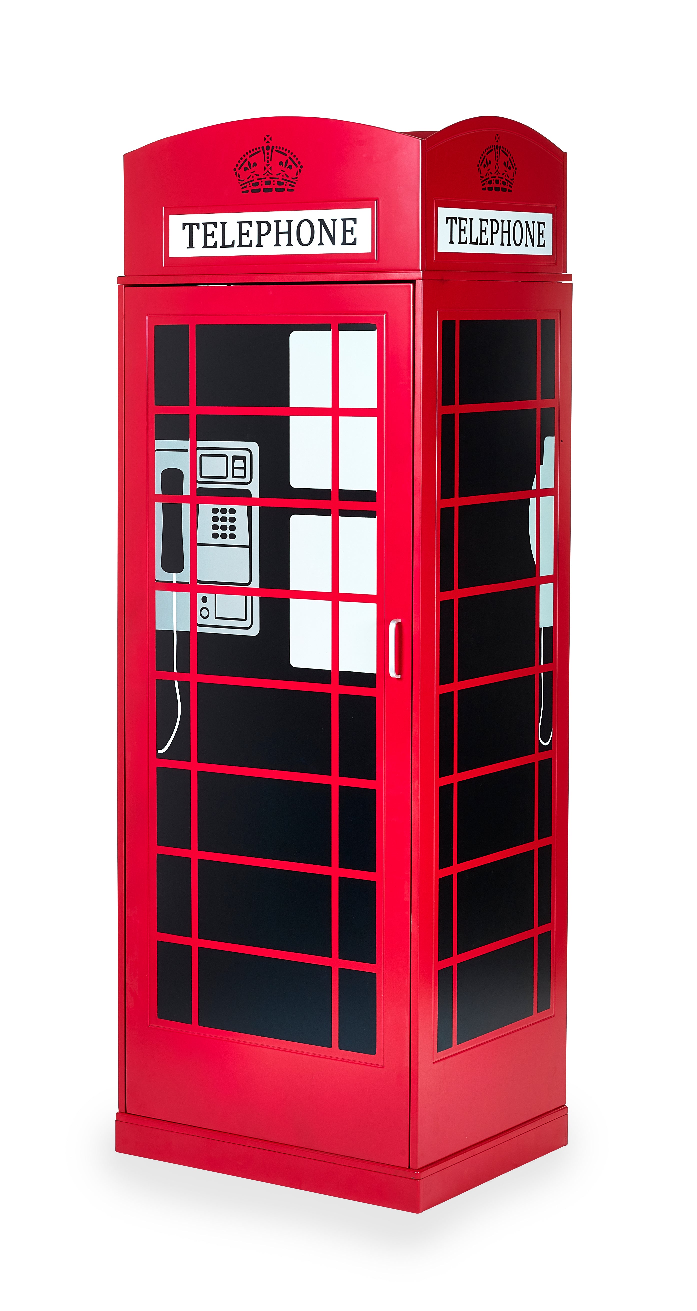 Red telephone booth with glass panels on a white background