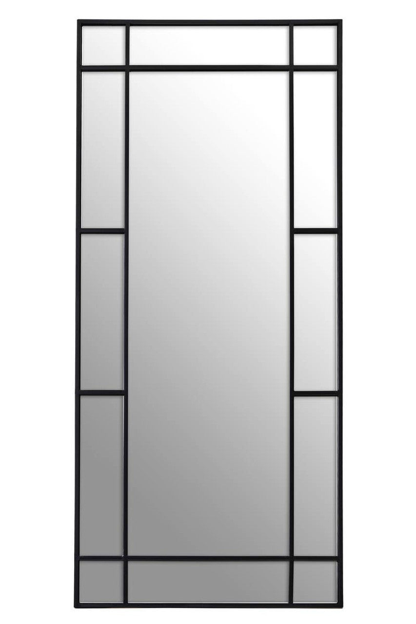 Rectangular mirror with geometric frame design on a white background