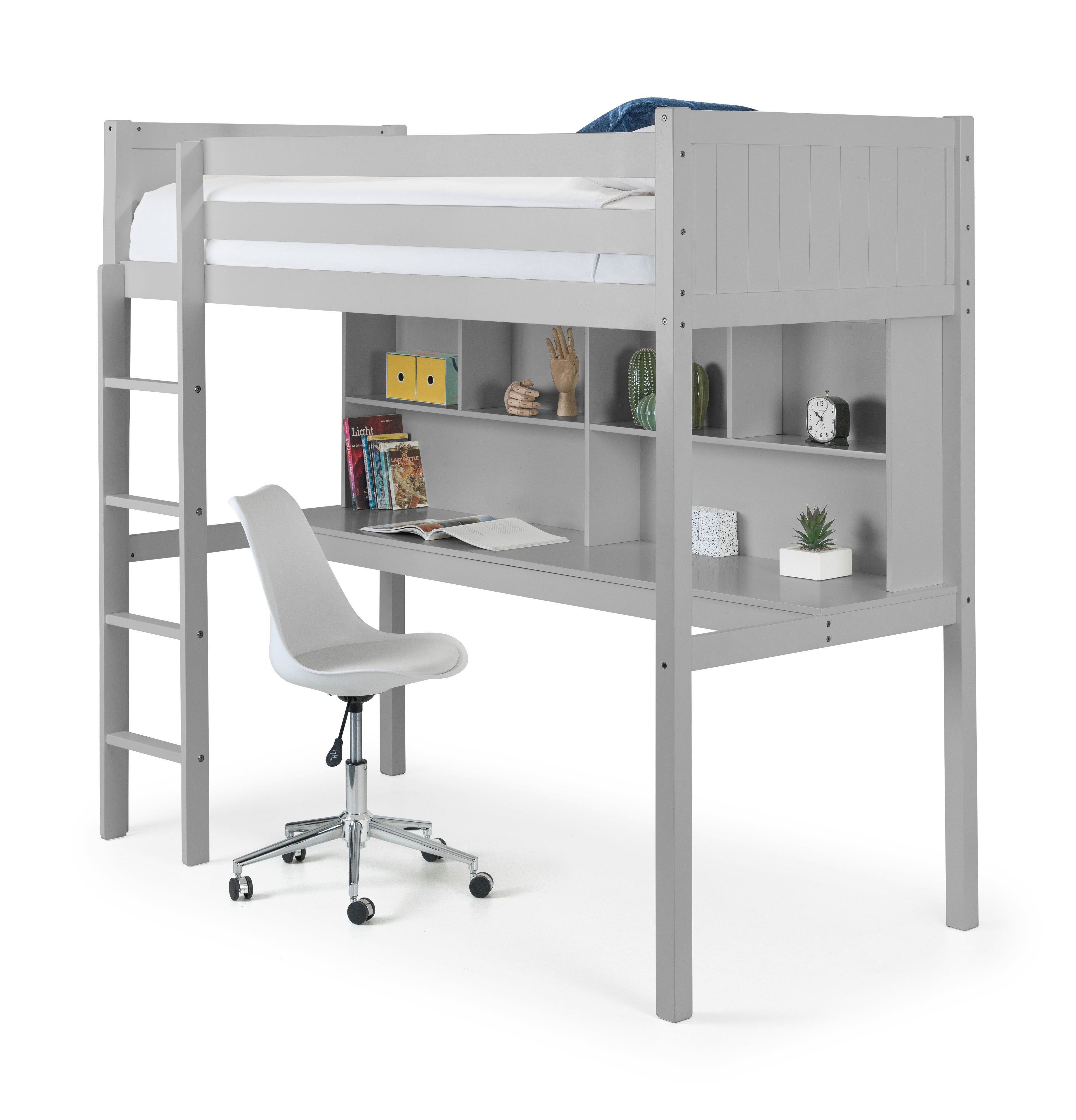 Gray loft bed with desk and chair on a white background