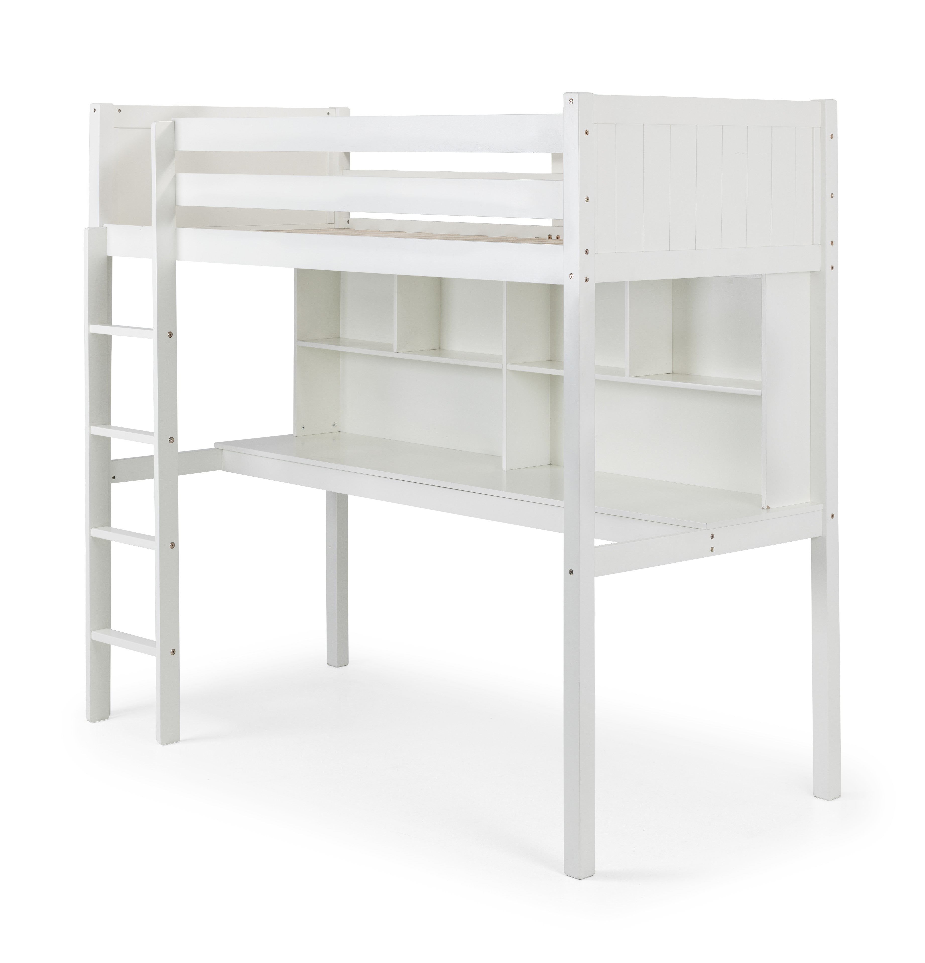 White loft bed with desk on a white background