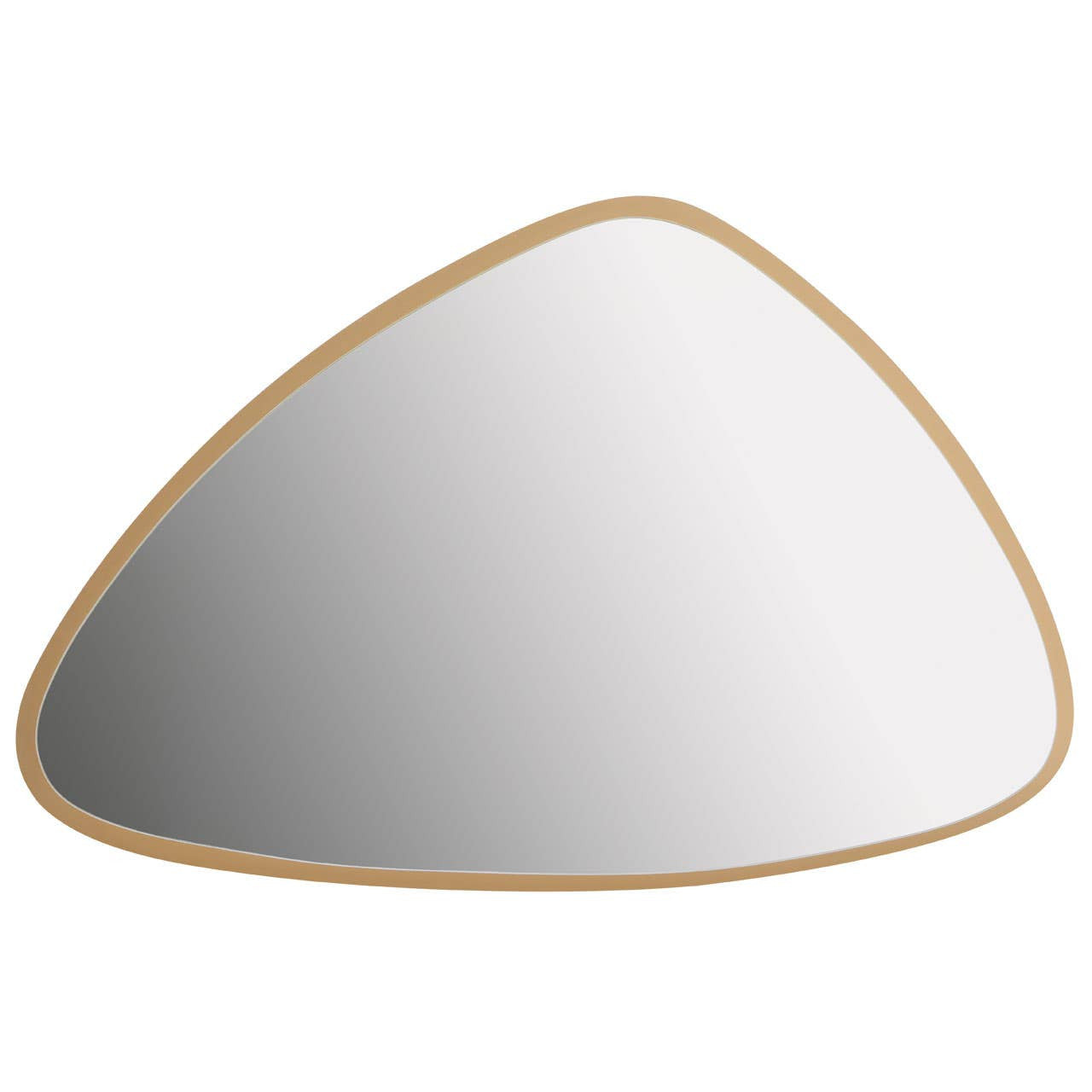 Triangular mirror with wooden frame on a white background