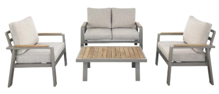 Outdoor furniture set with chairs, a table, and a sofa on a white background