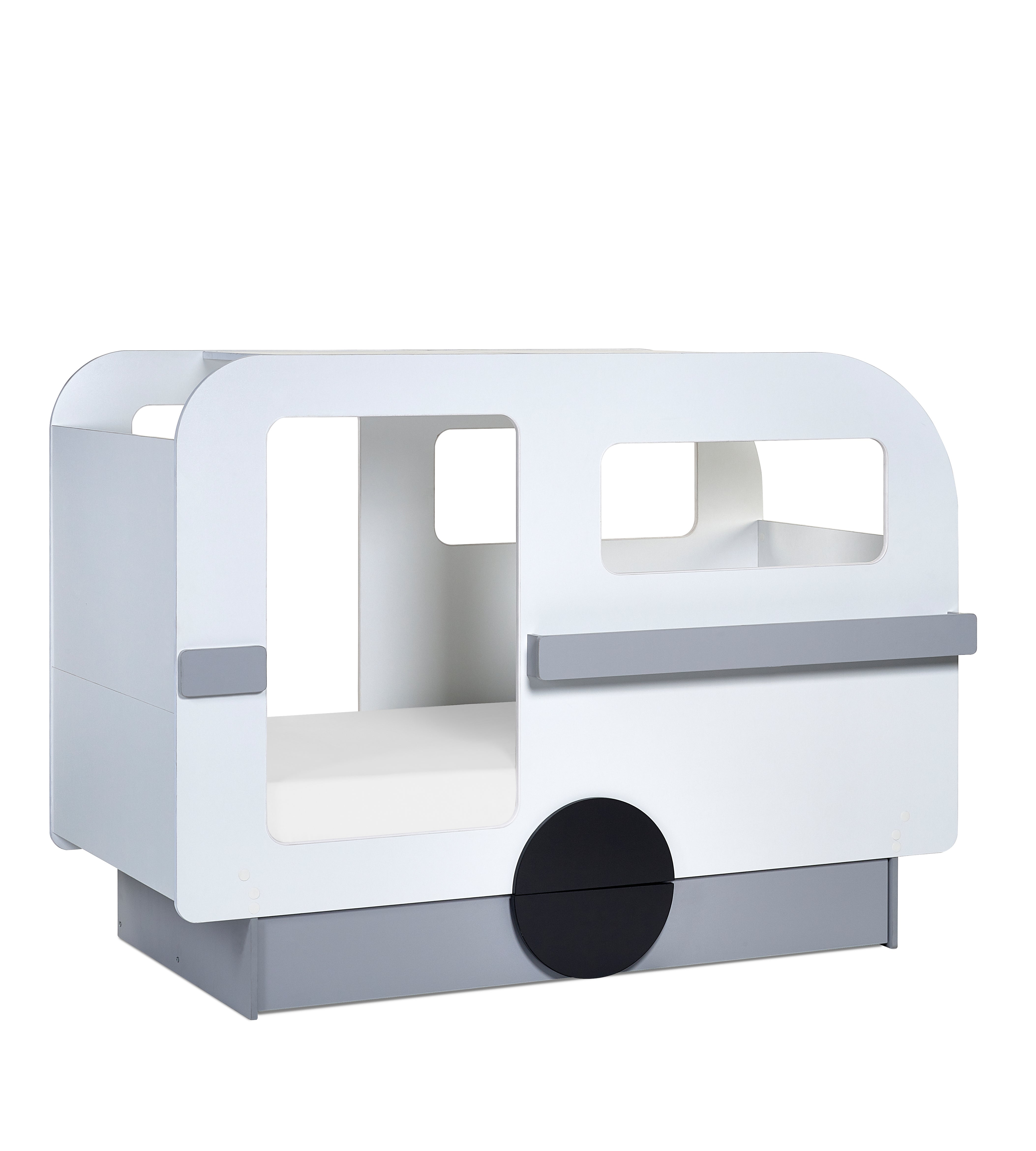 Children's toy truck with white body and gray roof on a white background
