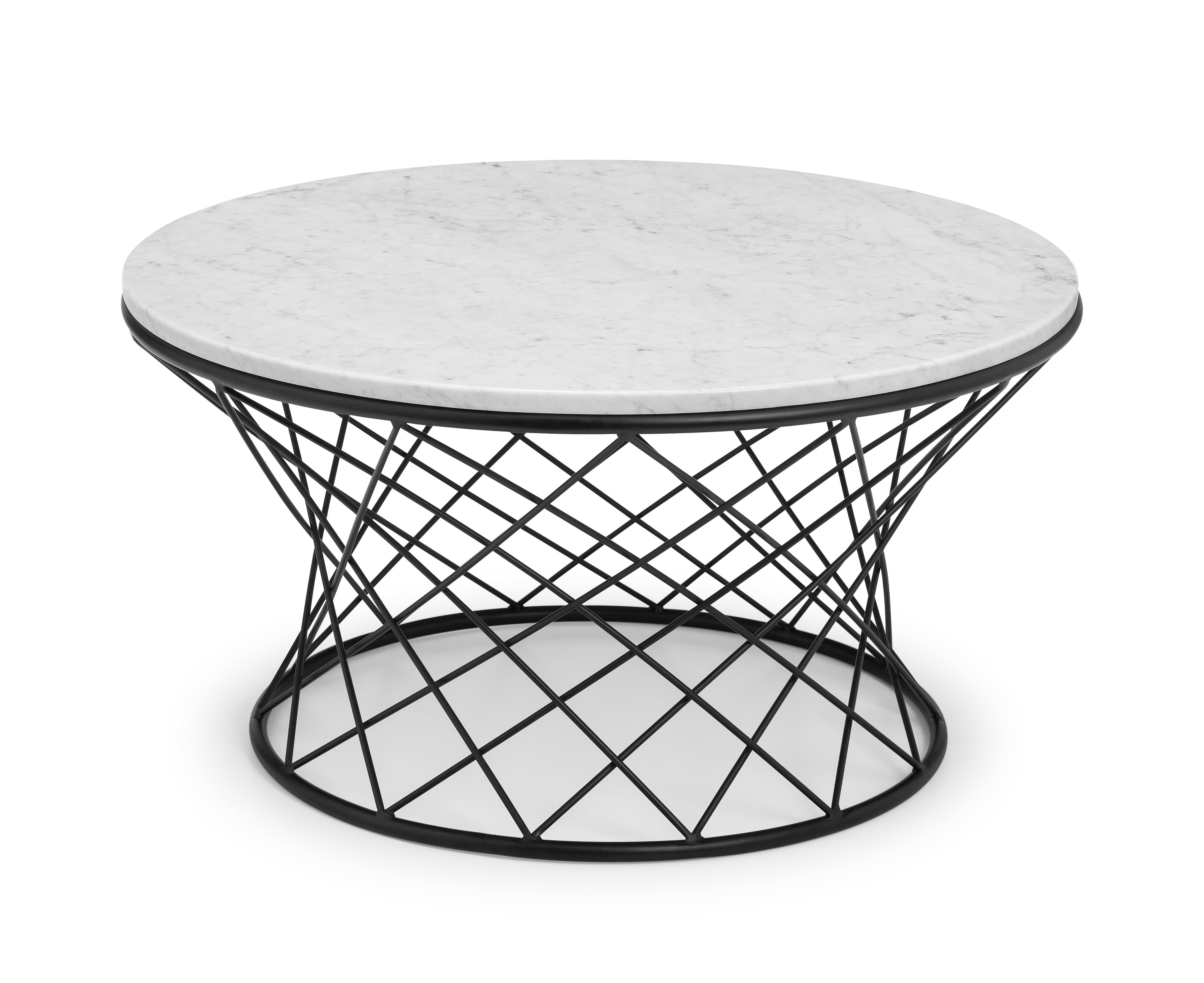 Round coffee table with marble top and black metal base on a white background