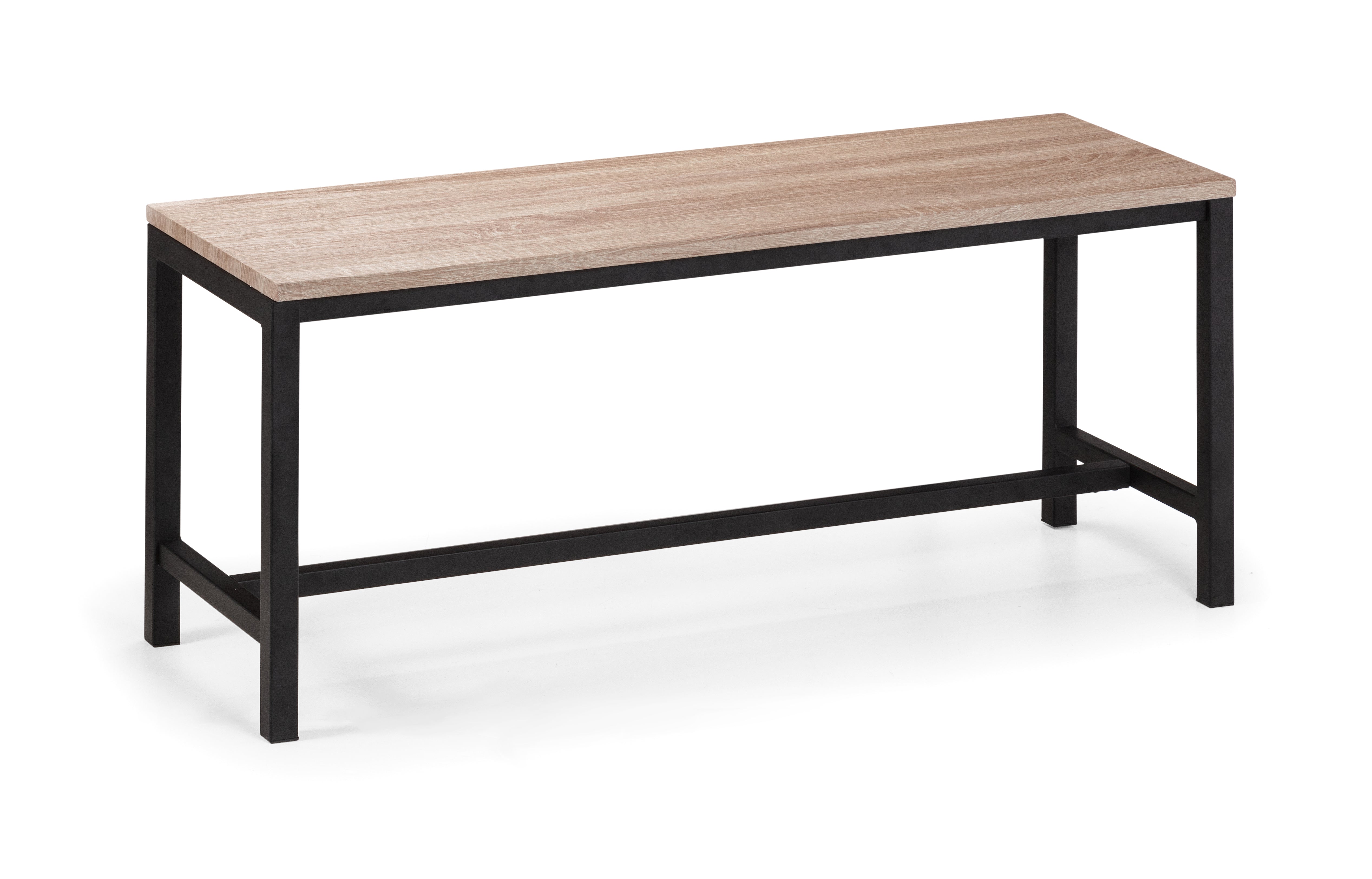 Wooden table with black metal frame on a white background