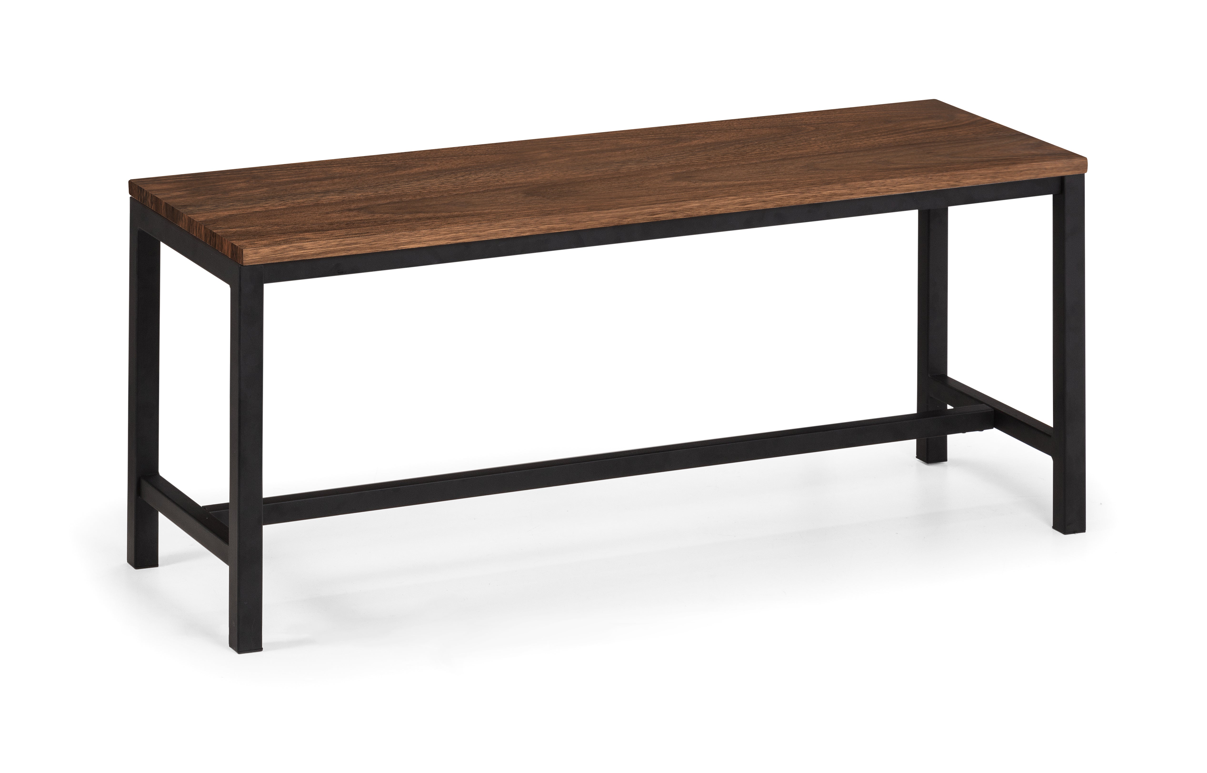 Wooden table with black metal legs on a white background
