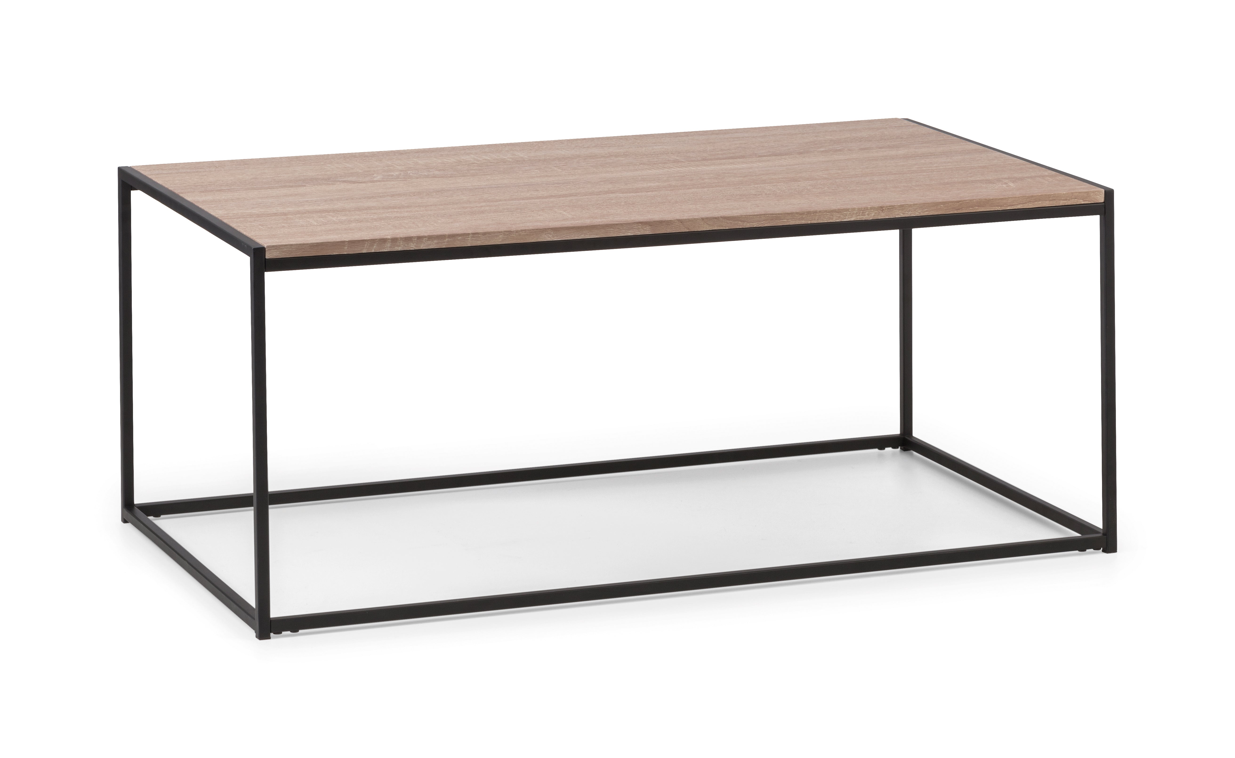 Coffee table with wooden top and metal frame on a white background