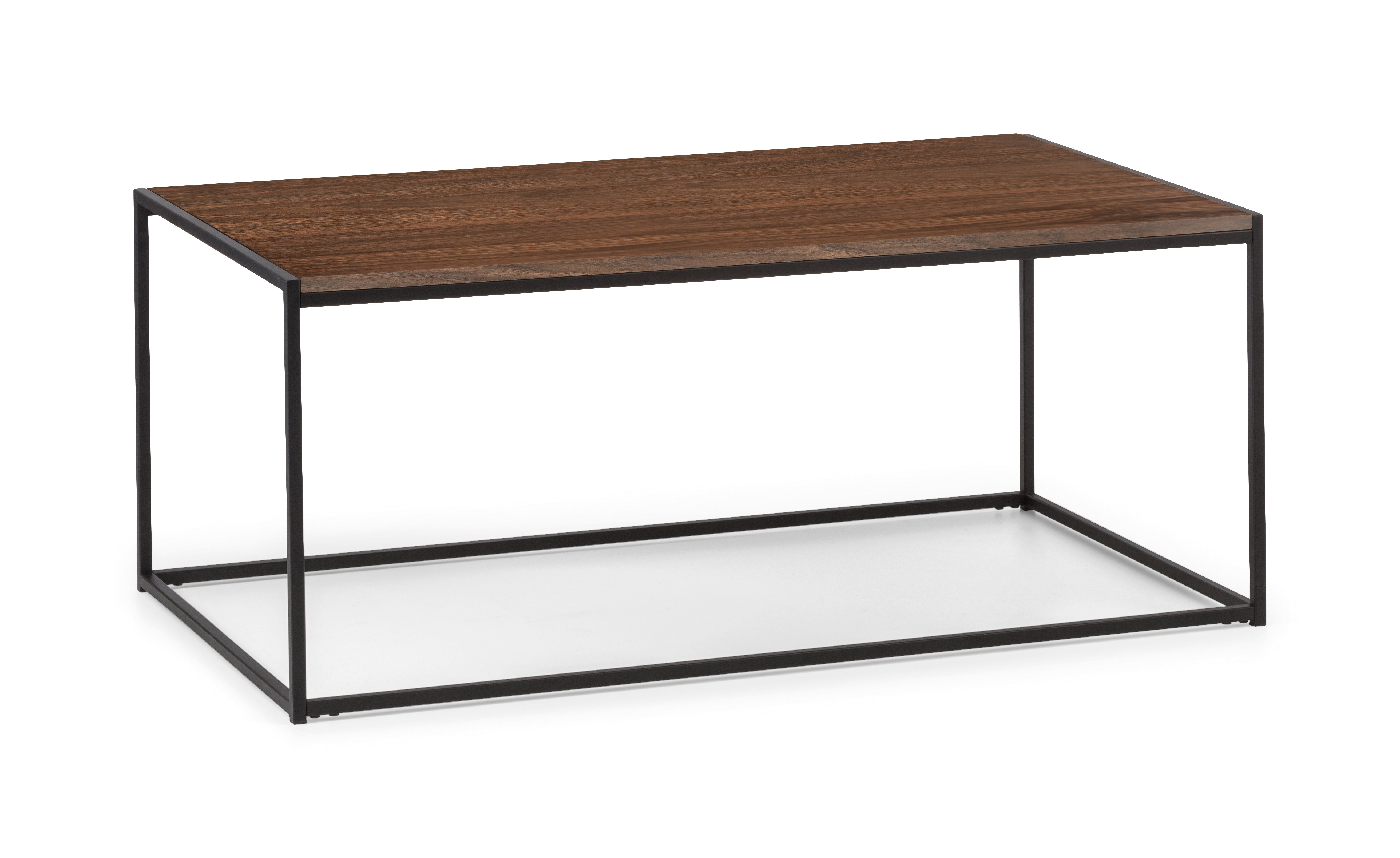 Coffee table with wooden top and metal frame on a white background