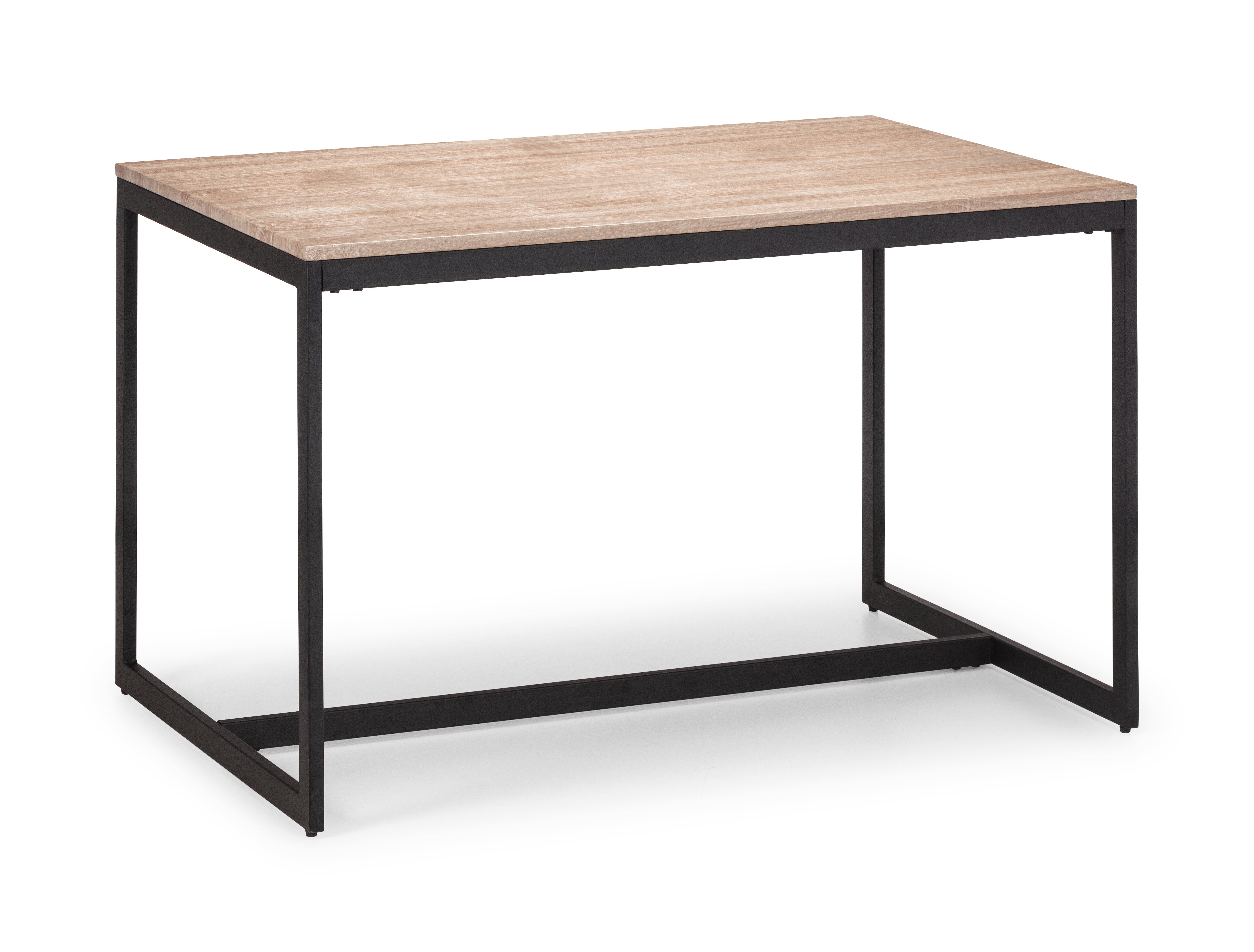 Table with wooden top and black metal frame on a white background