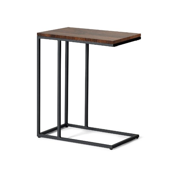 Small side table with wooden top and black metal frame on a white background