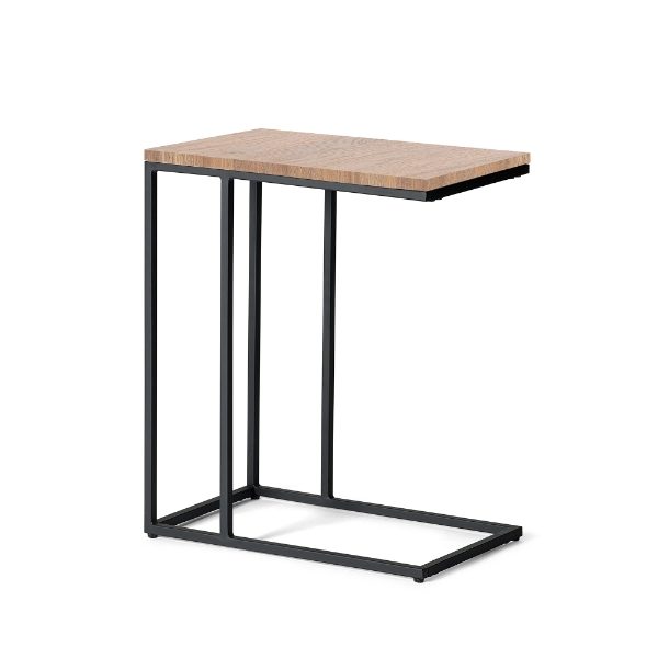 Small side table with wooden top and black metal frame on a white background