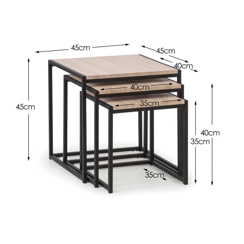 Set of three nesting tables with dimensions indicated on a white background