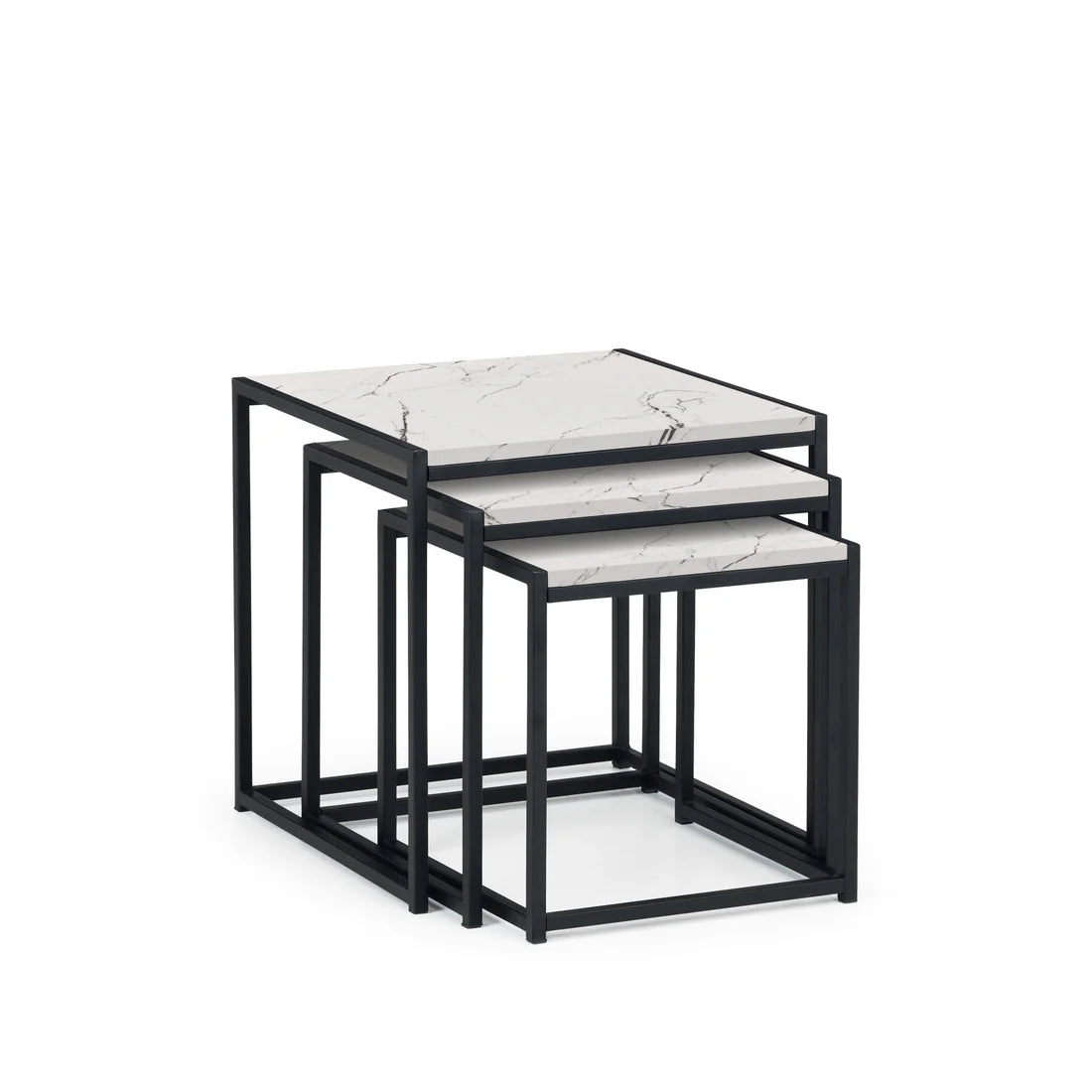 Set of three nesting tables with marble top and black metal frame on a white background