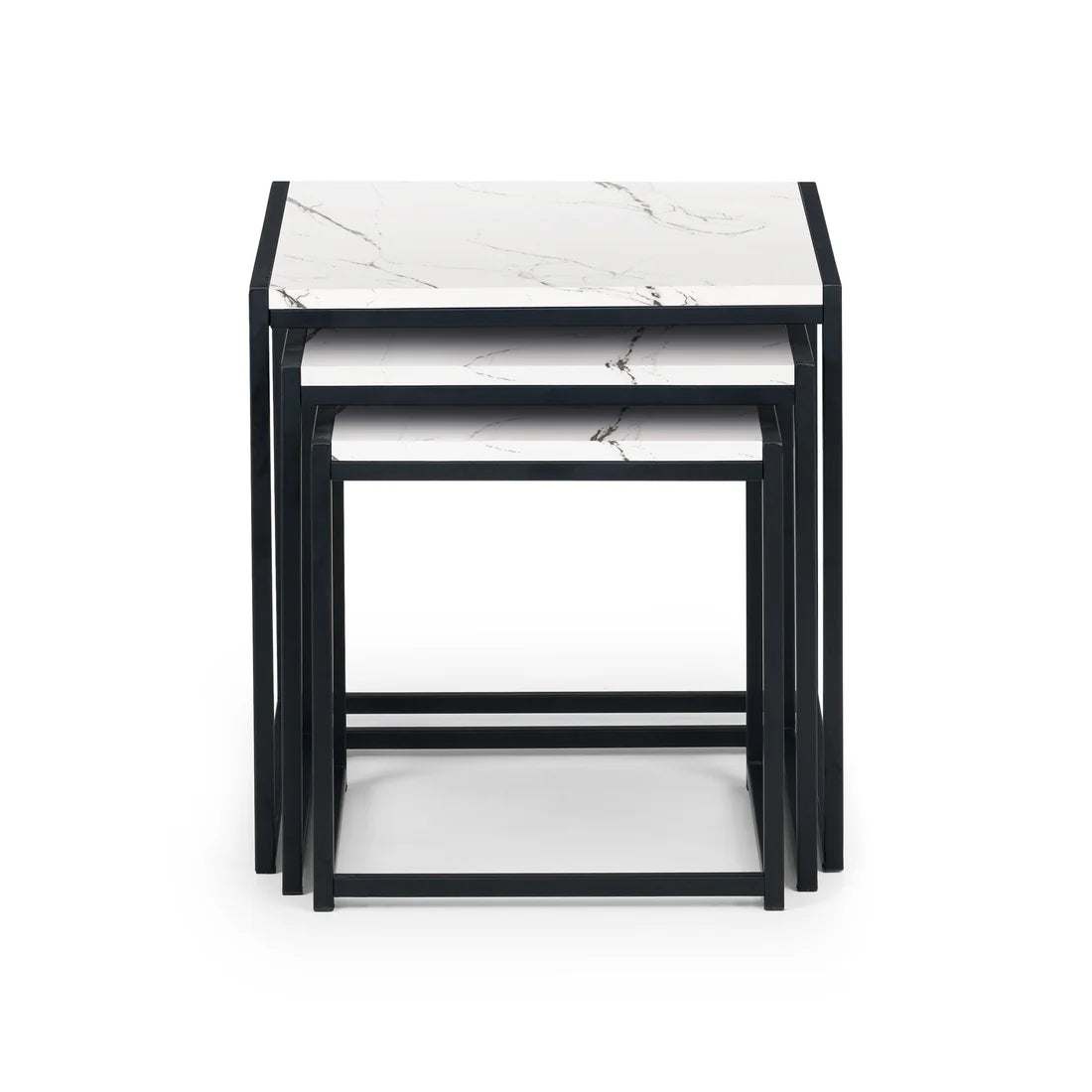 Set of three nesting tables with marble top and black frame on a white background
