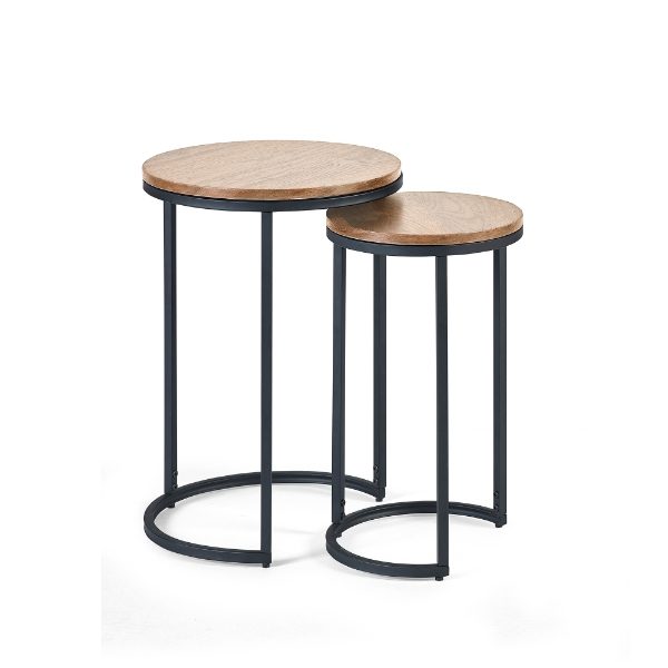 Two round side tables with wooden tops and black metal legs on a white background