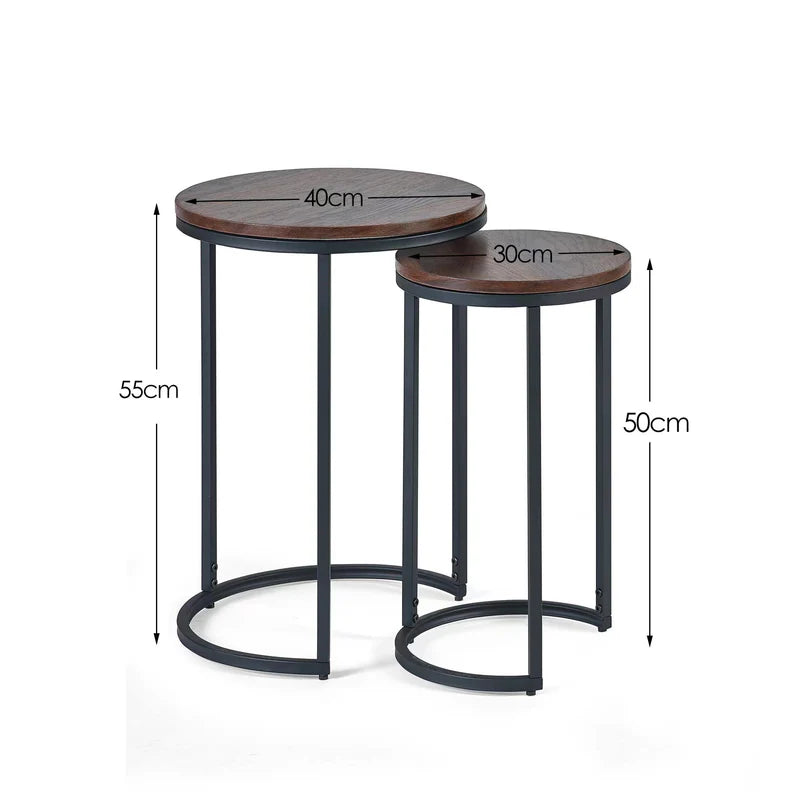 Two round side tables with dimensions labeled on a white background