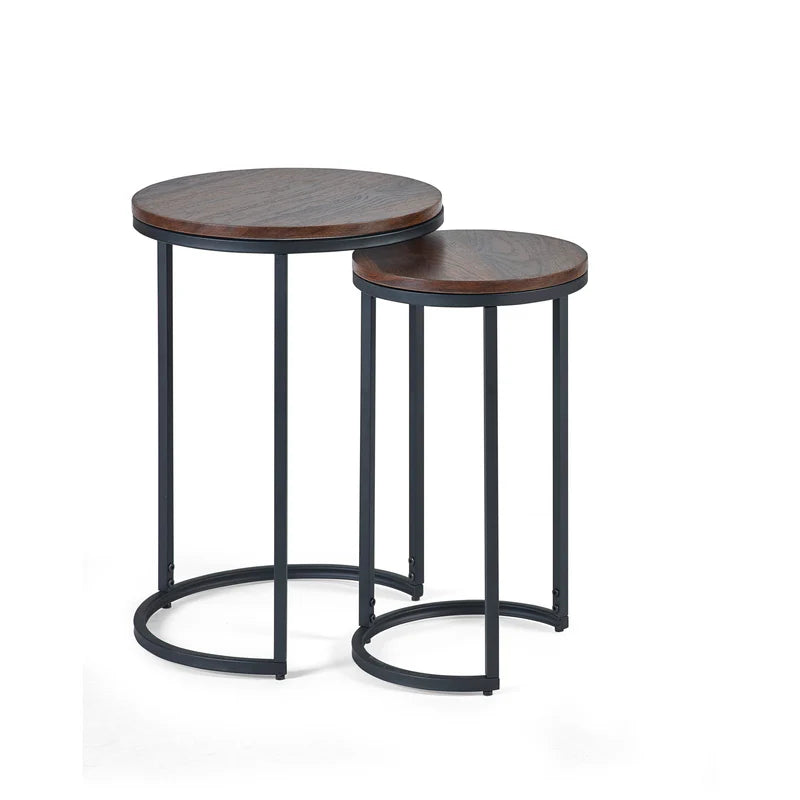 Two round side tables with wooden tops and black metal frames on a white background