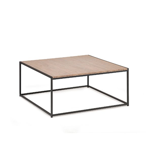 Square coffee table with wooden top and metal frame on a white background