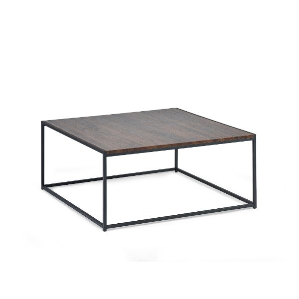 Square coffee table with wooden top and metal frame on a white background
