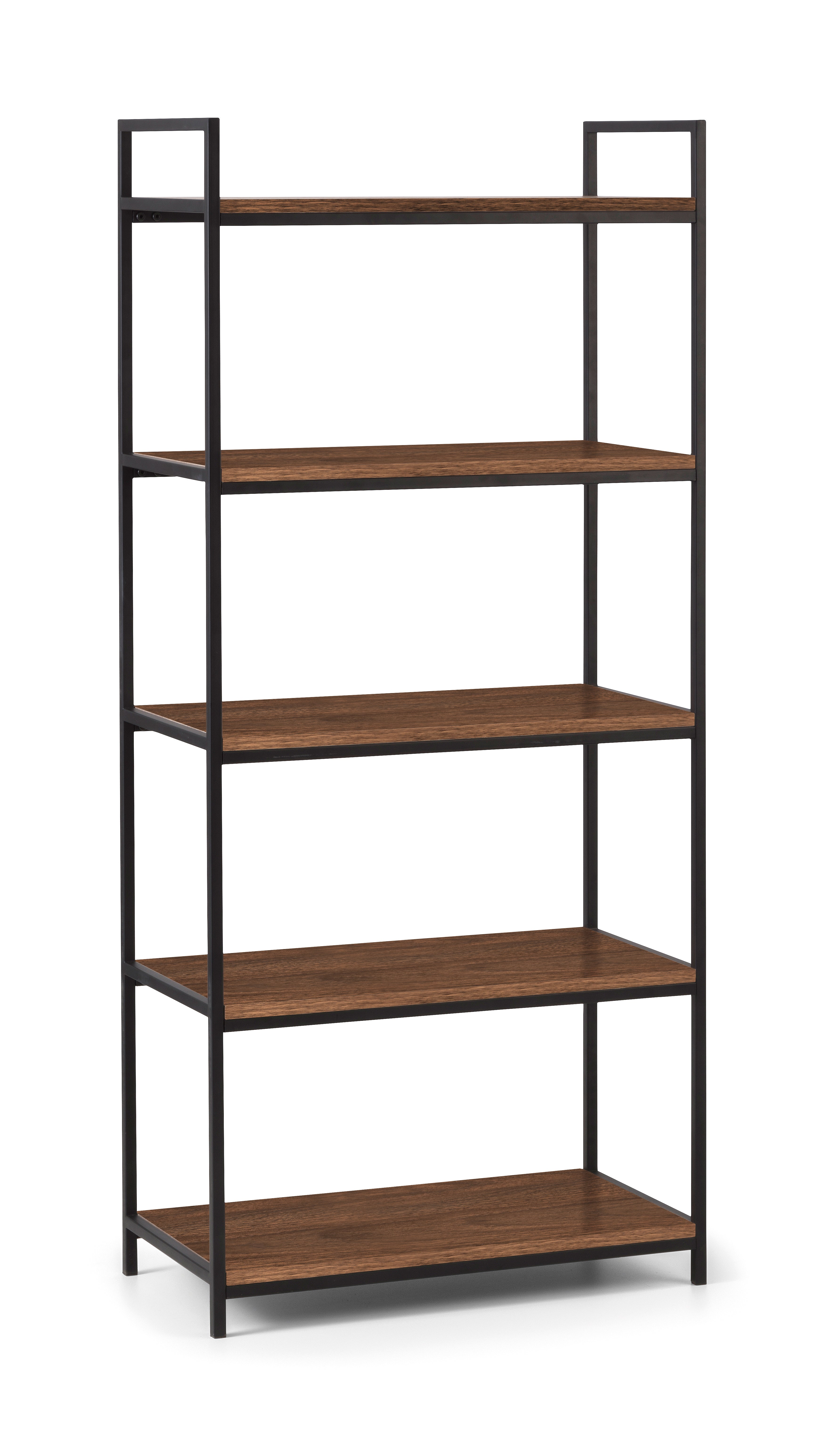 Tall walnut bookcase against a white background. 