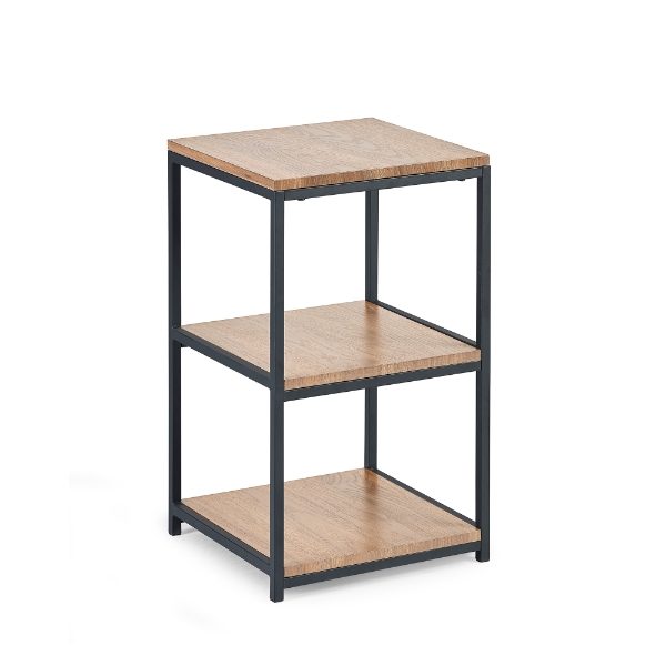 Three-tiered side table with wooden shelves and black metal frame on a white background