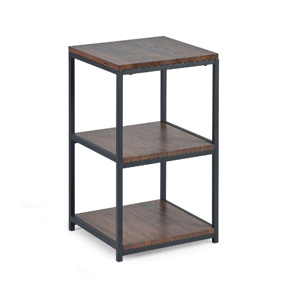 Three-tiered side table with wooden shelves and metal frame on a white background