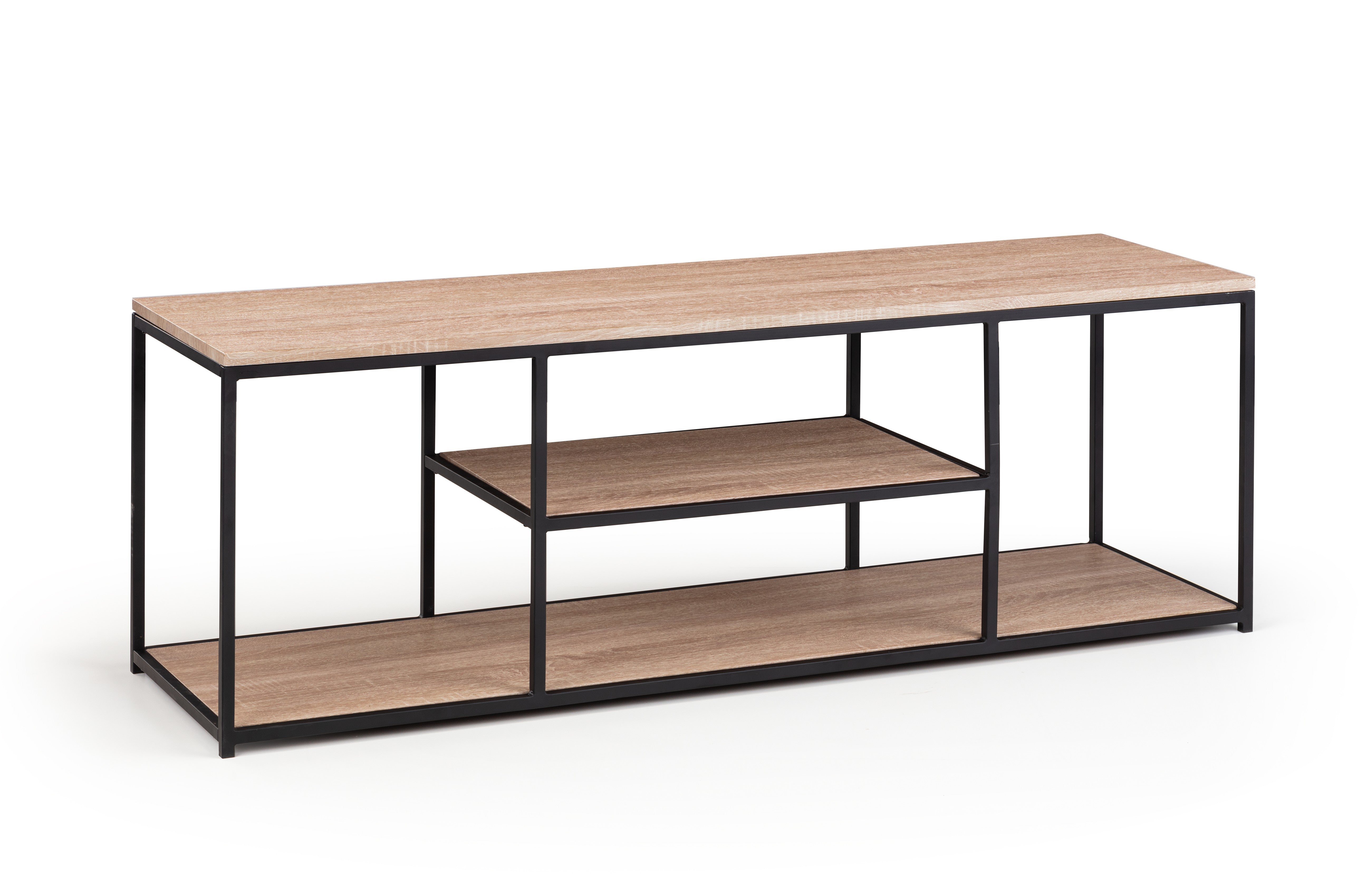 Wooden table with black metal frame on a white background