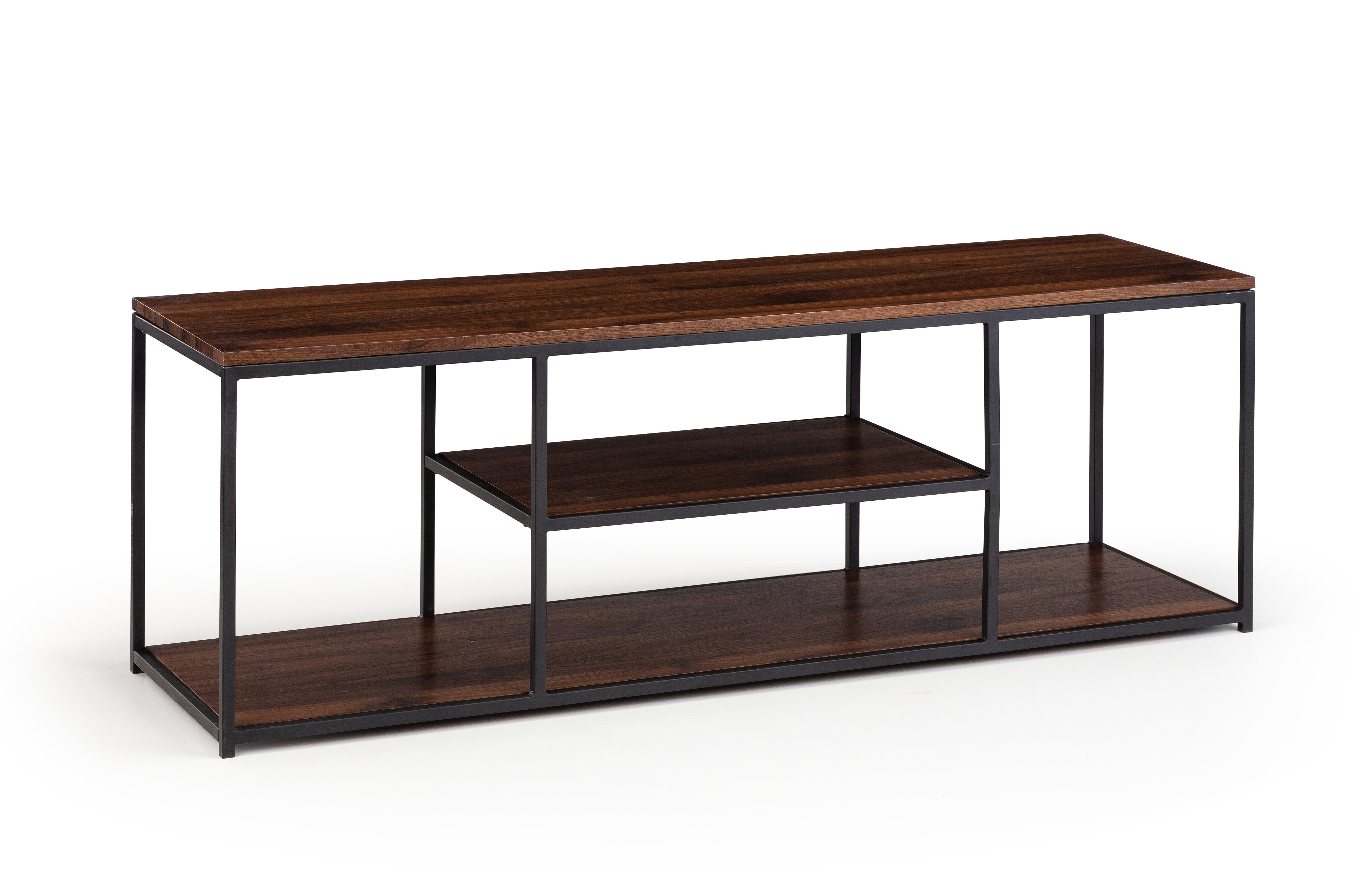 Wooden console table with metal frame on a white background