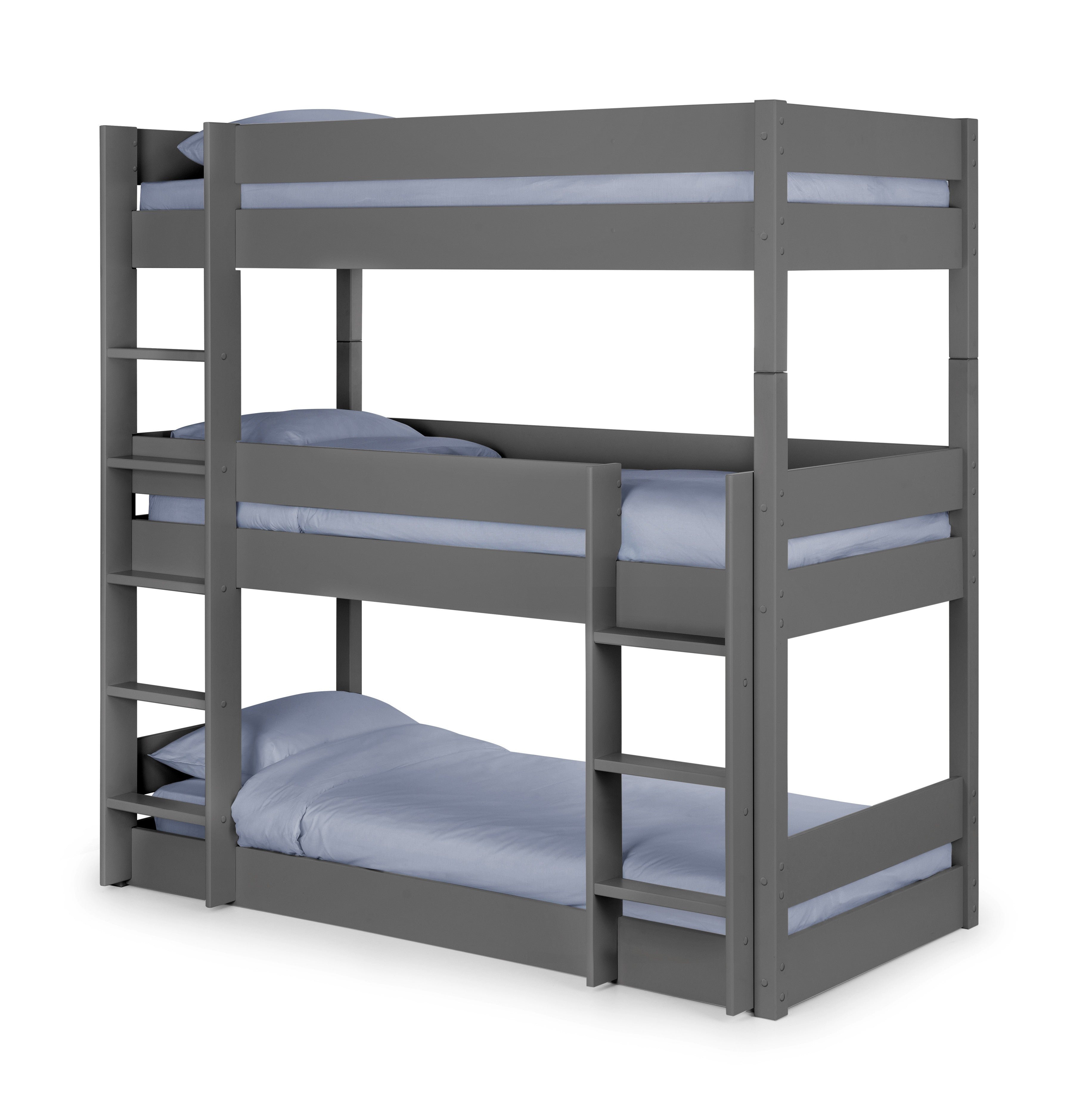 Gray bunk bed with blue bedding on a white background