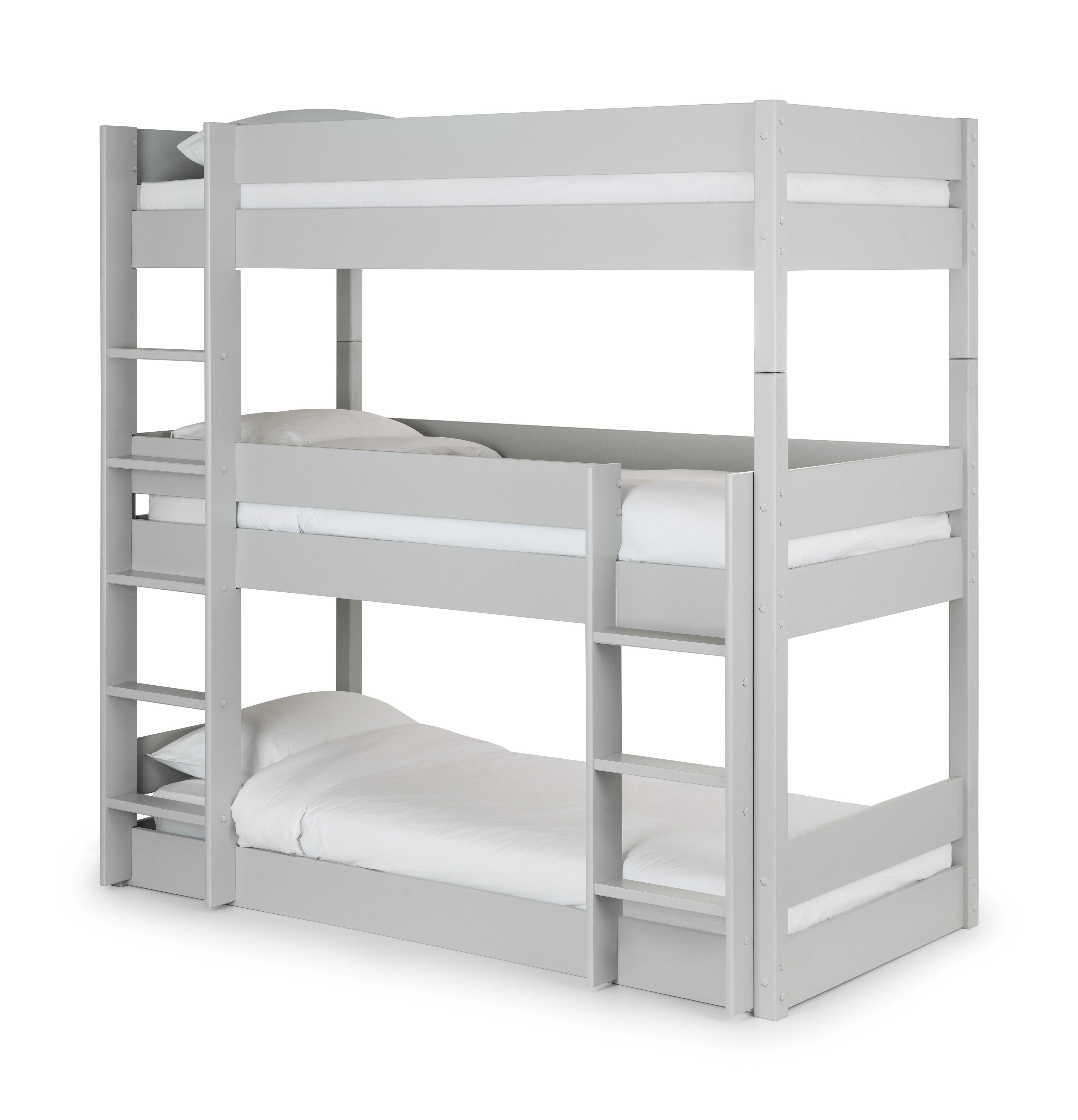 Gray bunk bed with white mattresses on a white background