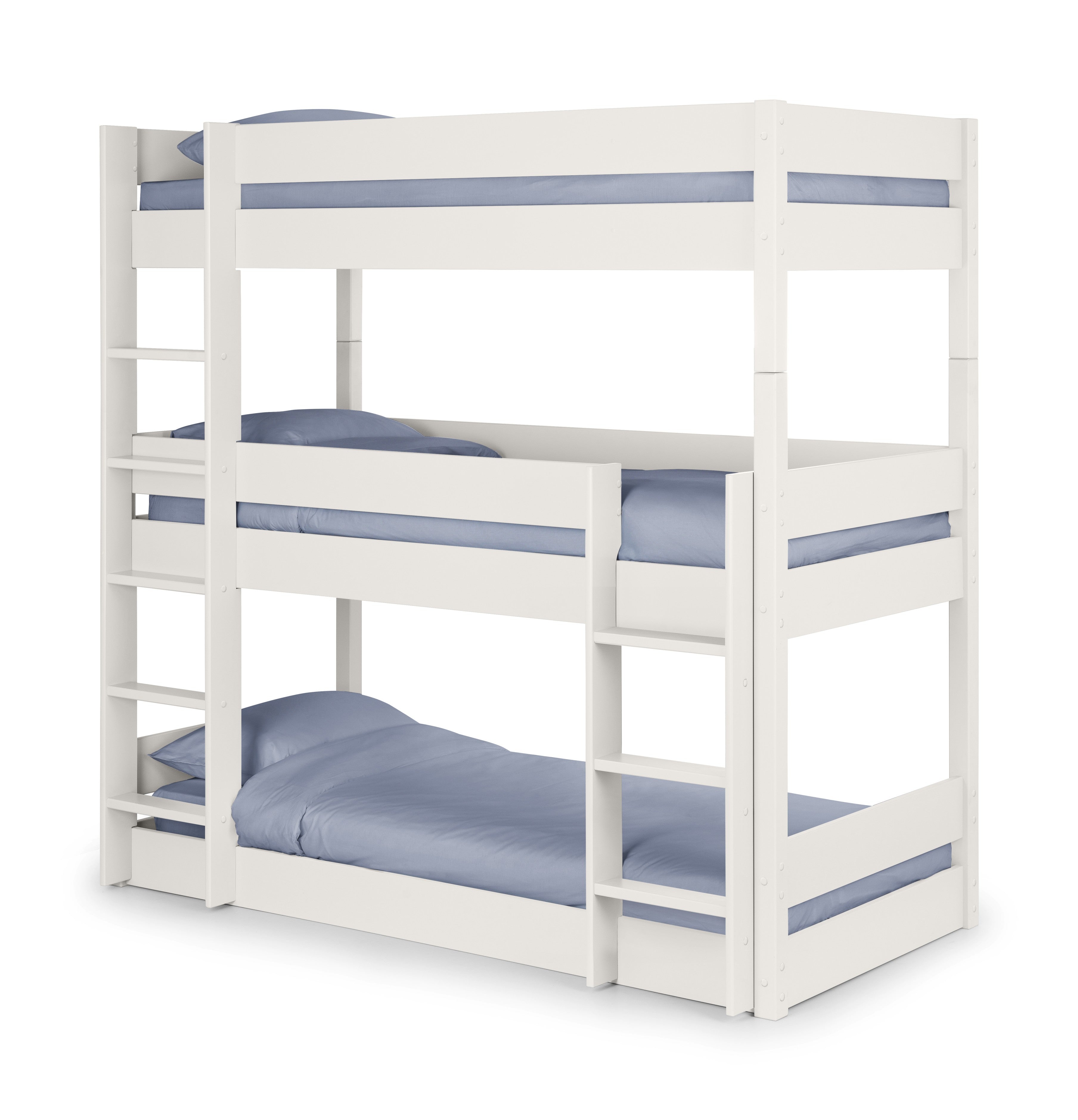 White bunk bed with blue mattresses on a white background