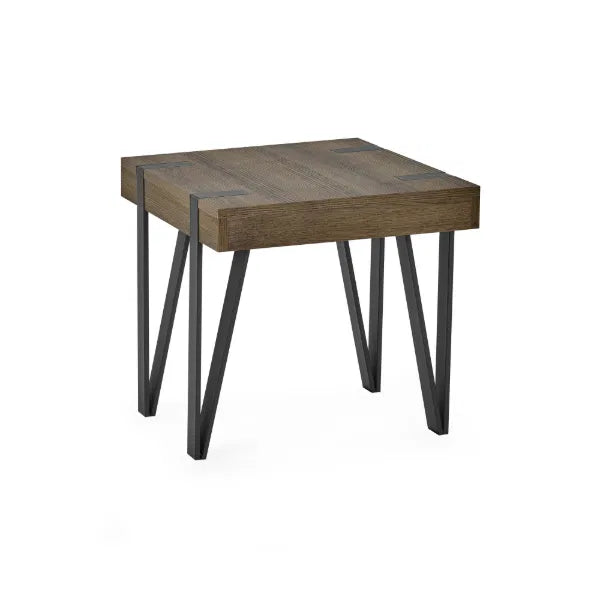 Wooden side table with metal legs on a white background