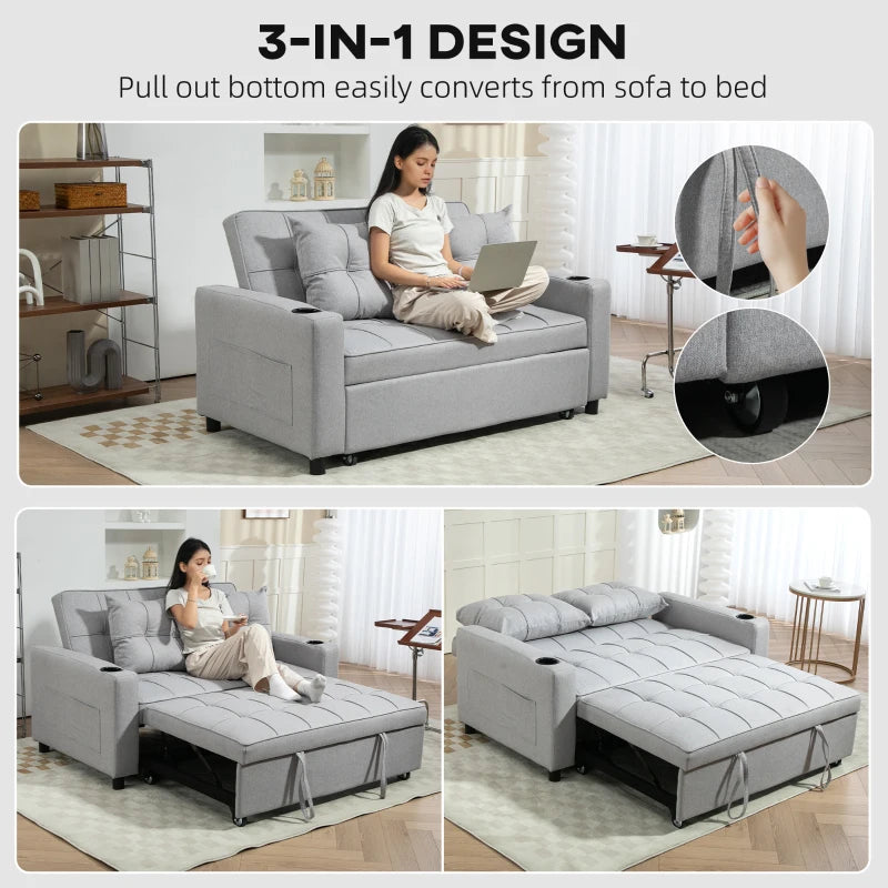 Gray sofa bed with pull-out mechanism, converting from sofa to bed, in a home setting.