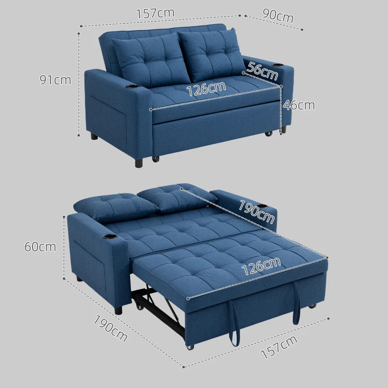 Blue sofa bed with dimensions on a gray background