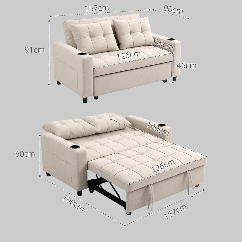 Beige sofa bed with dimensions labeled on a gray background