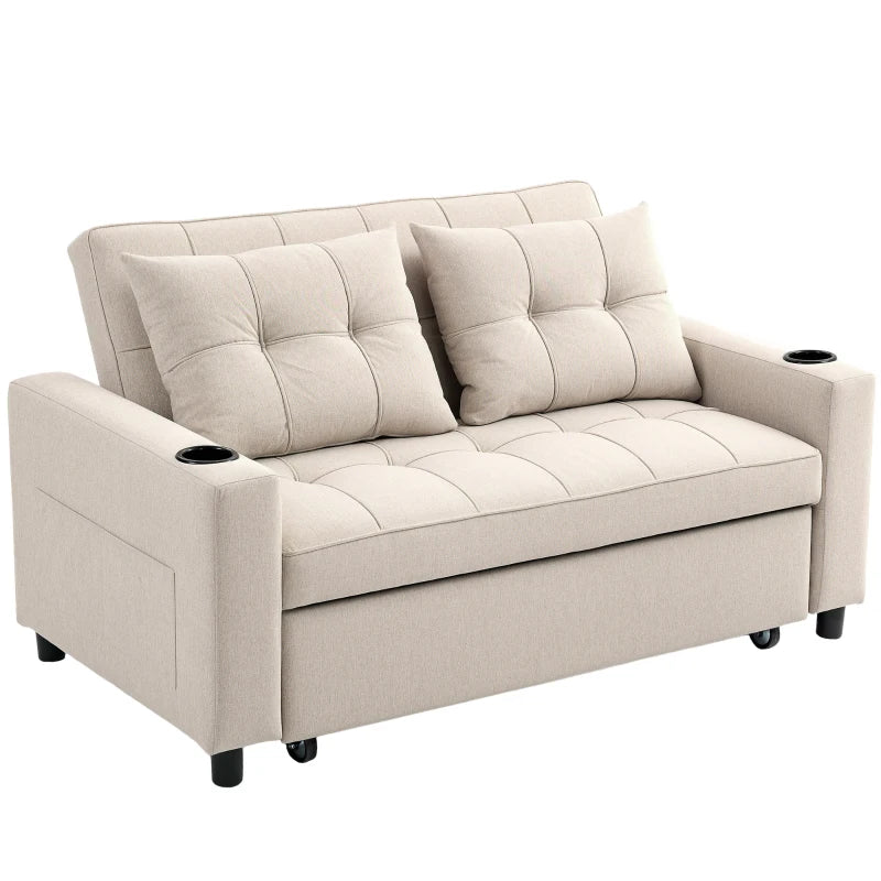 Beige sofa with cup holders on a white background