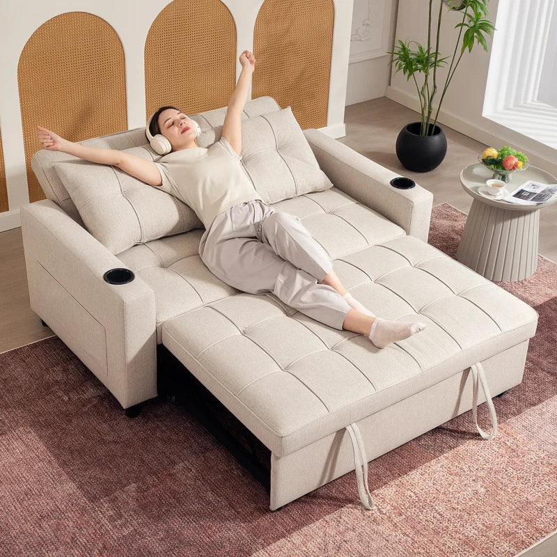 Woman relaxing on a beige sectional sofa in a modern living room.