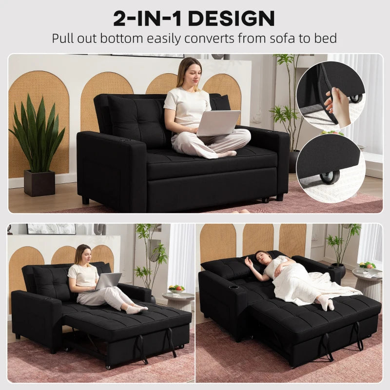 Black 2-in-1 sofa bed with pull-out mechanism, showing a woman using a laptop and another person lying on it.