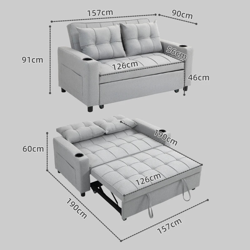 Gray sofa bed with dimensions labeled on a white background