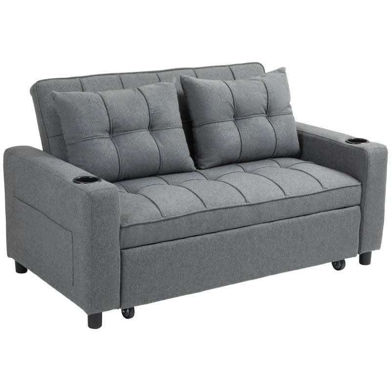 Gray sofa bed with storage compartments on a white background