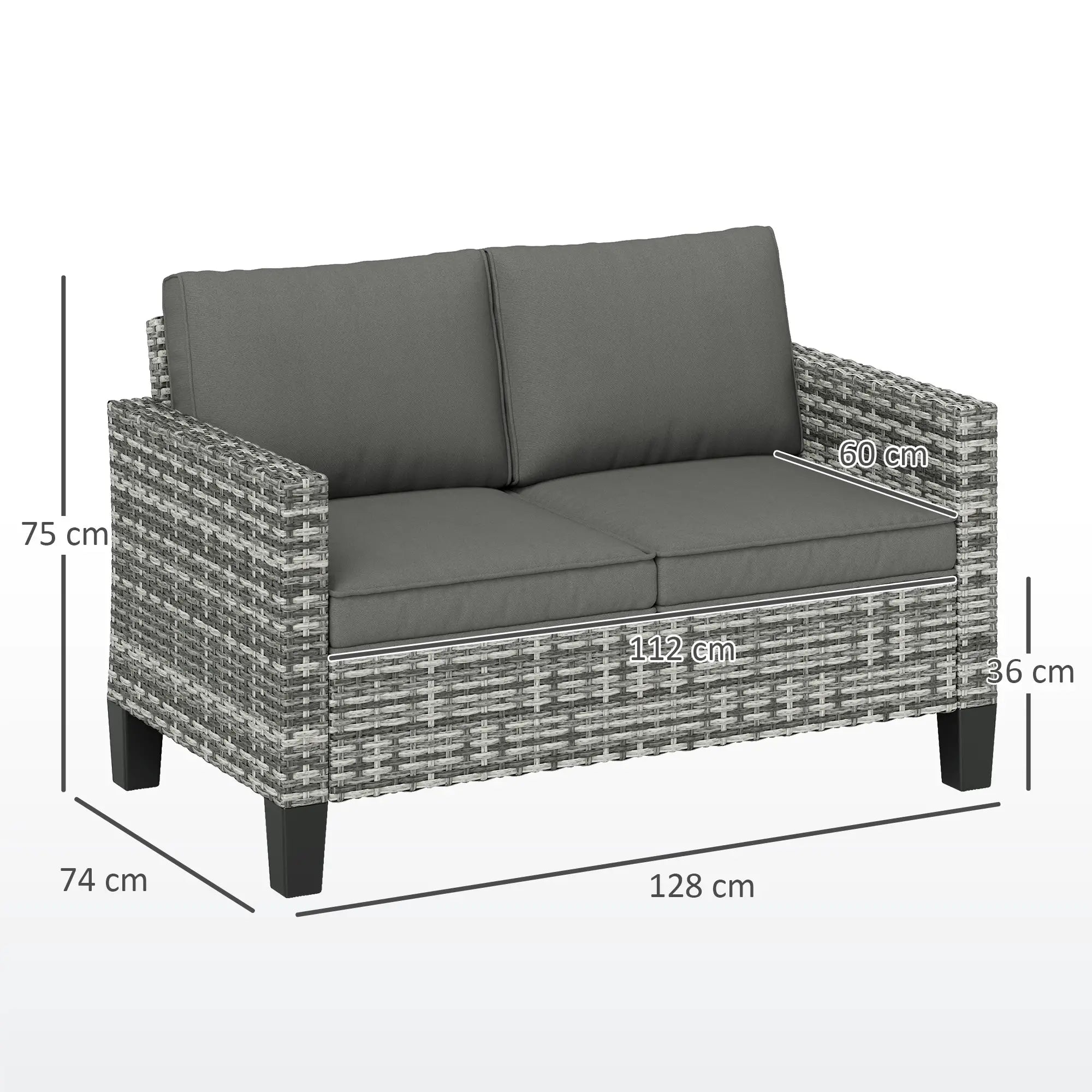 Gray outdoor sofa with cushions and dimensions on a white background